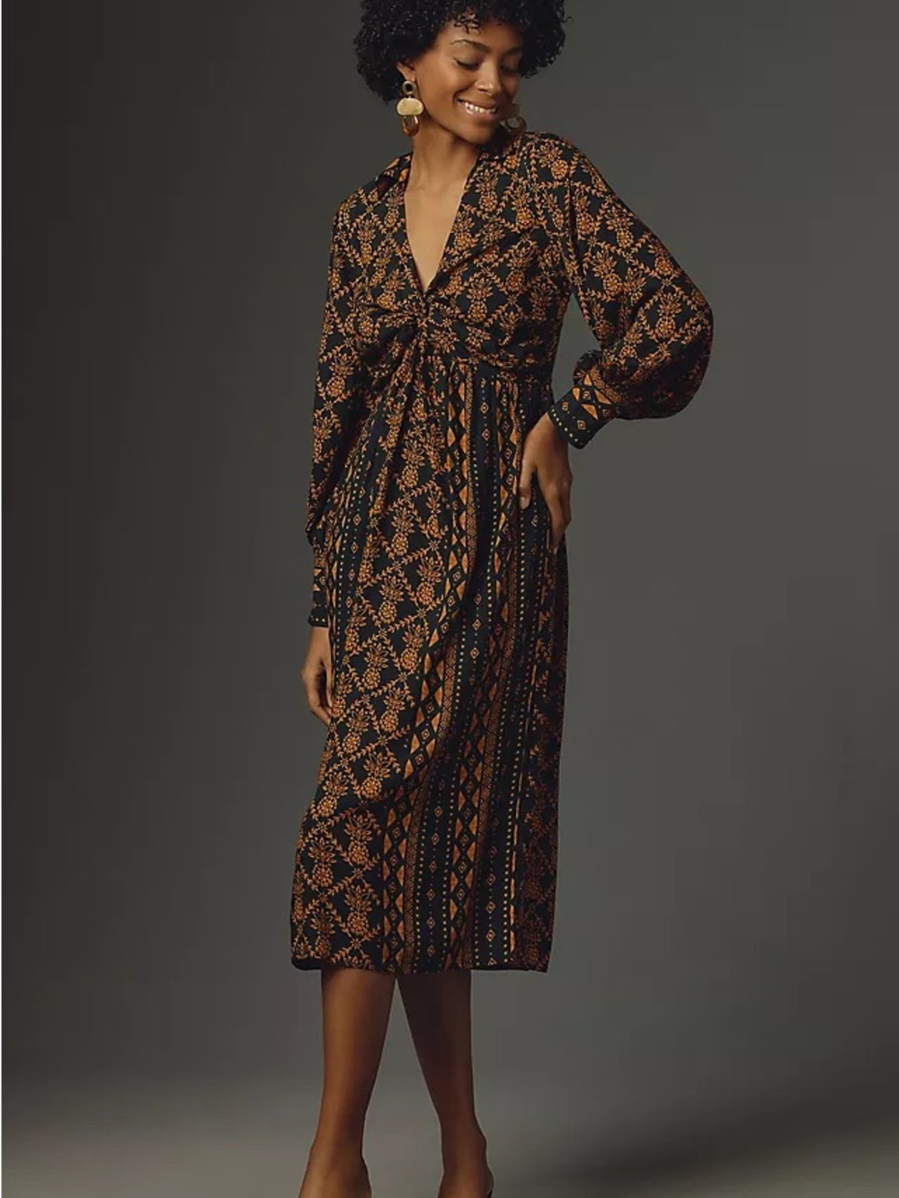 Farm Rio Long-Sleeve‎ V-Neck Printed Tie Front Midi Dress Womens Size XXS